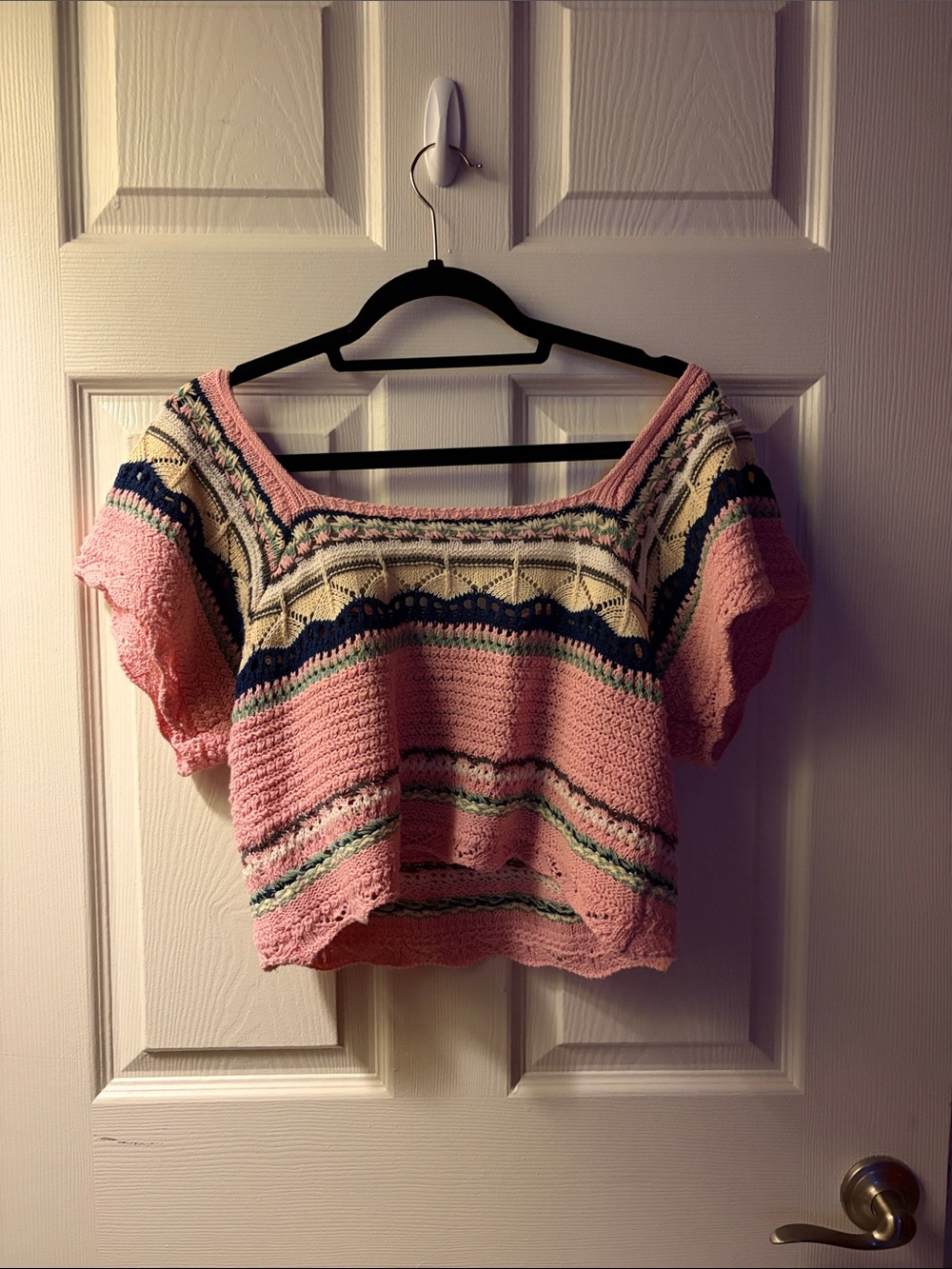 POL Off-the-Shoulder Pink, Cream & Navy Cropped Sweater